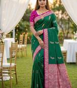 Sea green soft silk blend saree with zari weaving meenakari design