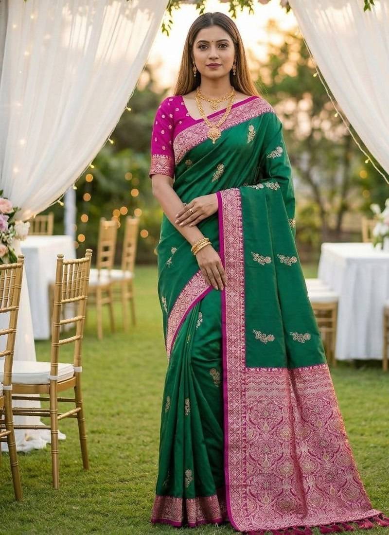 Sea green soft silk blend saree with zari weaving meenakari design