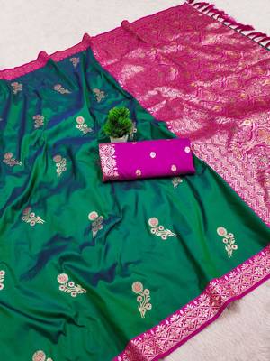 Sea green soft silk blend saree with zari weaving meenakari design 2