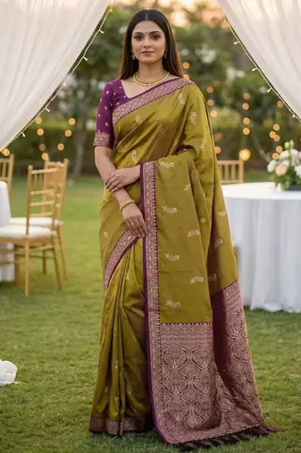 Olive green soft silk blend saree with zari weaving meenakari design