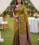 Olive green soft silk blend saree with zari weaving meenakari design
