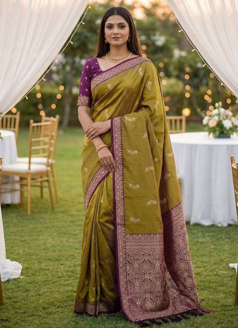Olive green soft silk blend saree with zari weaving meenakari design