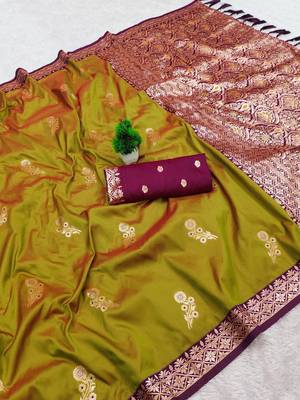 Olive green soft silk blend saree with zari weaving meenakari design 2