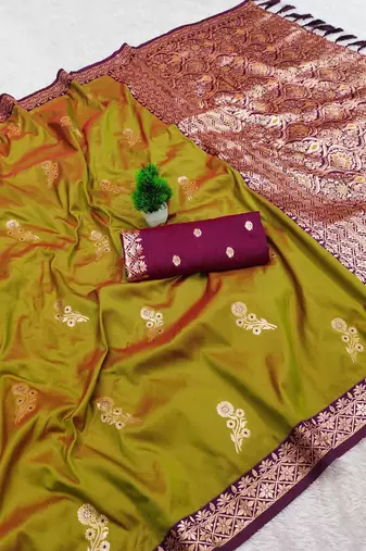 Olive green soft silk blend saree with zari weaving meenakari design