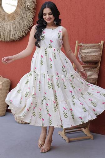 Pink cotton summer printed frill layer dresses
