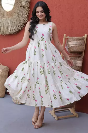 Pink cotton summer printed frill layer dresses