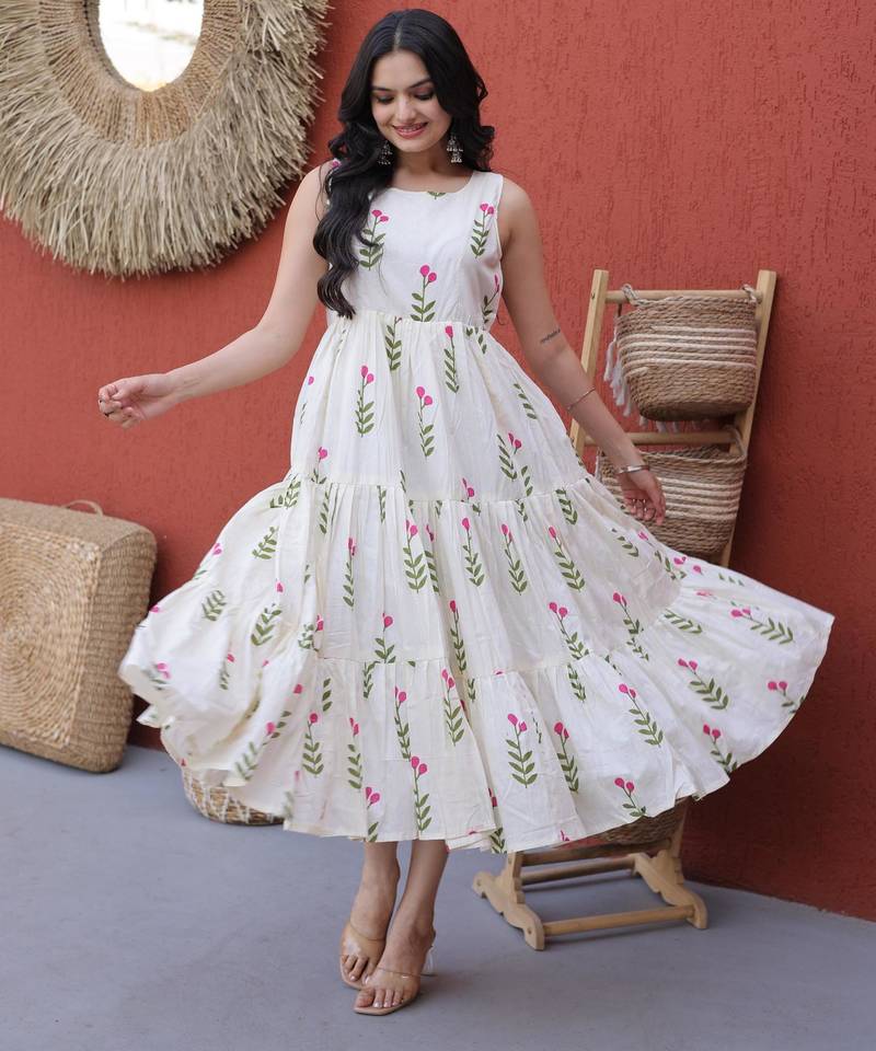 Pink cotton summer printed frill layer dresses