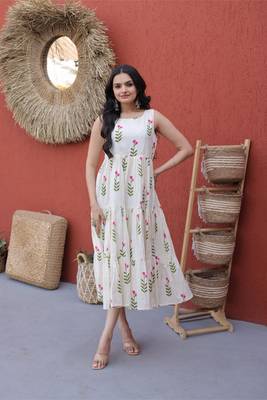 Pink cotton summer printed frill layer dresses 4