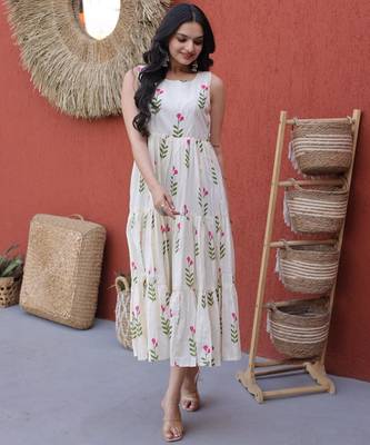 Pink cotton summer printed frill layer dresses 5