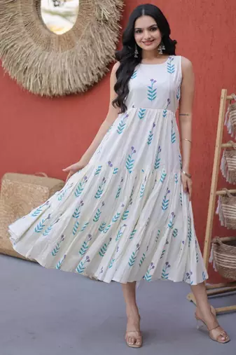 Sky cotton summer printed frill layer dresses