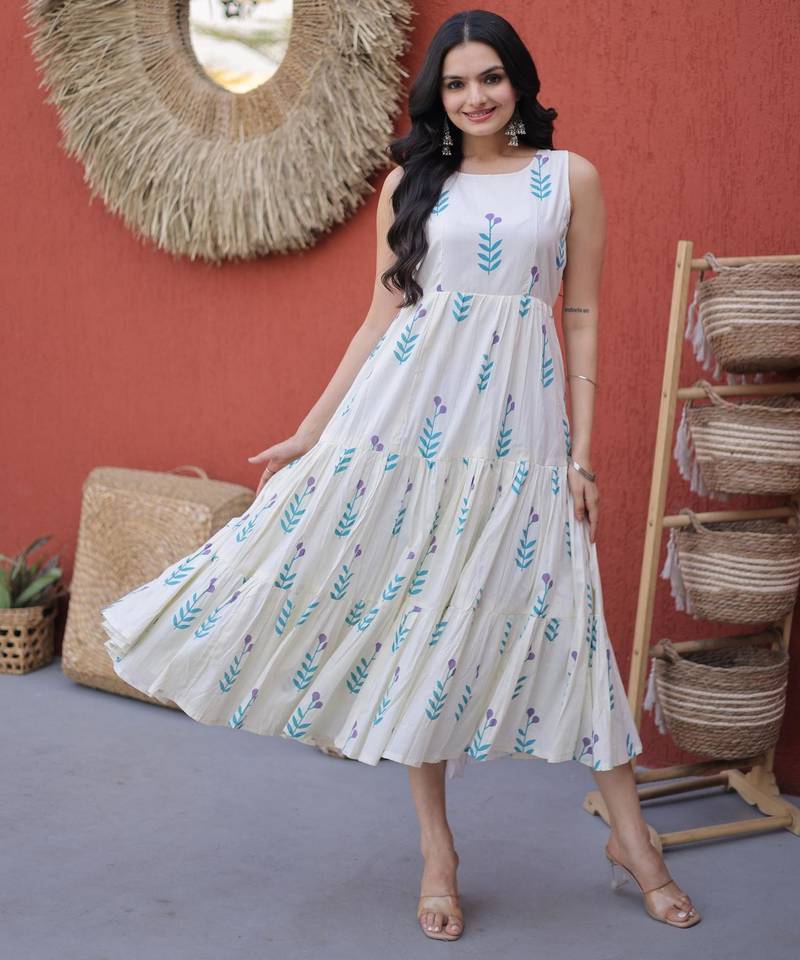 Sky cotton summer printed frill layer dresses