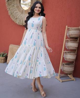 Sky cotton summer printed frill layer dresses 5