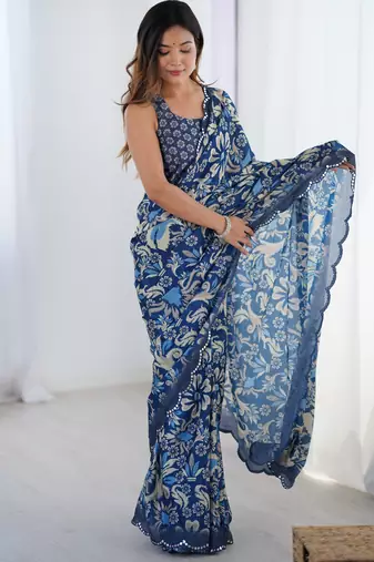 Chiffon digital print scallped border foil mirror work saree