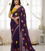Purple star georgette floral motifs embroidered work saree with mirror work border