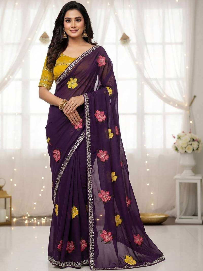 Purple star georgette floral motifs embroidered work saree with mirror work border