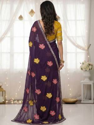 Purple star georgette floral motifs embroidered work saree with mirror work border 2