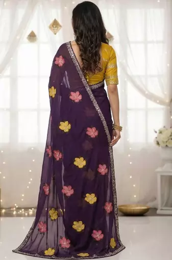 Purple star georgette floral motifs embroidered work saree with mirror work border