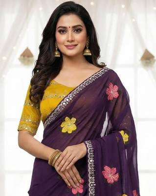 Purple star georgette floral motifs embroidered work saree with mirror work border 3