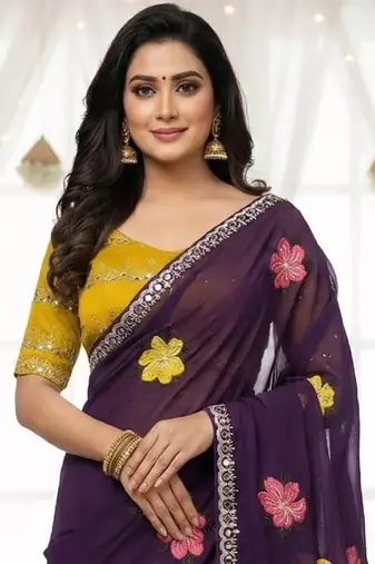 Purple star georgette floral motifs embroidered work saree with mirror work border