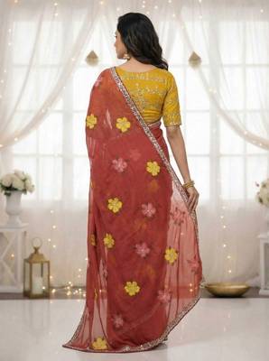 Red star georgette floral motifs embroidered work saree with mirror work border 2