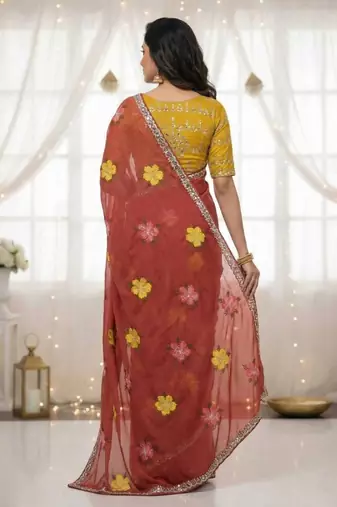 Red star georgette floral motifs embroidered work saree with mirror work border