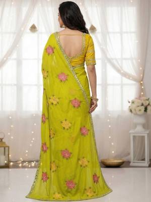 Lime green star georgette floral motifs embroidered work saree with mirrorwork border 2