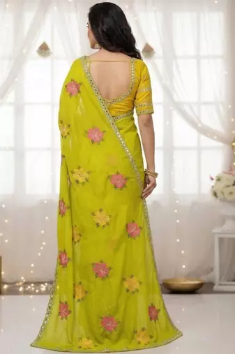 Lime green star georgette floral motifs embroidered work saree with mirrorwork border
