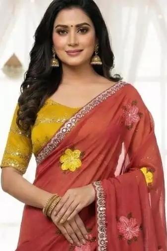 Red star georgette floral motifs embroidered work saree with mirror work border