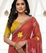 Red star georgette floral motifs embroidered work saree with mirror work border