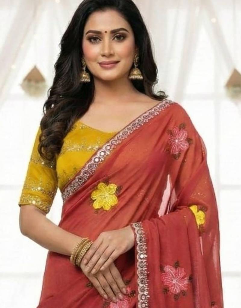 Red star georgette floral motifs embroidered work saree with mirror work border