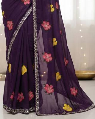 Purple star georgette floral motifs embroidered work saree with mirror work border 4