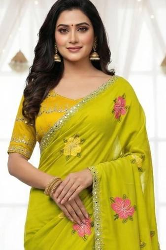 Lime green star georgette floral motifs embroidered work saree with mirrorwork border