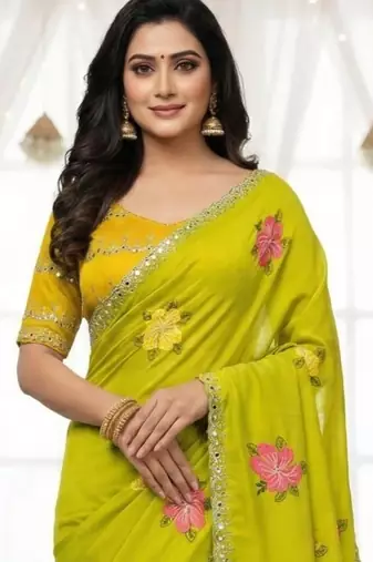 Lime green star georgette floral motifs embroidered work saree with mirrorwork border