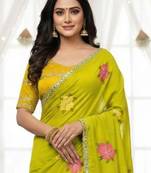 Lime green star georgette floral motifs embroidered work saree with mirrorwork border
