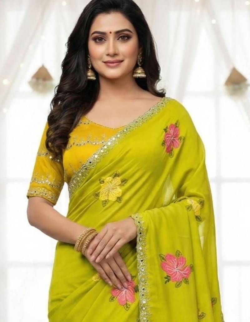 Lime green star georgette floral motifs embroidered work saree with mirrorwork border