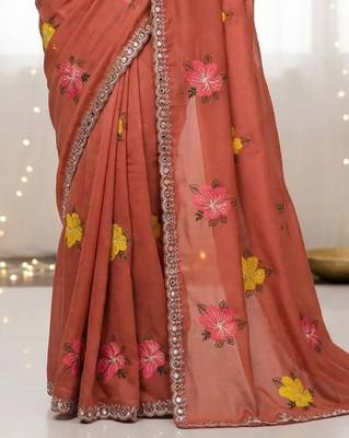 Red star georgette floral motifs embroidered work saree with mirror work border 3