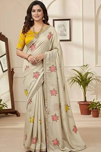 Off white star georgette floral motifs embroidered work saree with mirror work border
