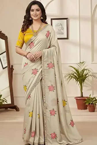 Off white star georgette floral motifs embroidered work saree with mirror work border