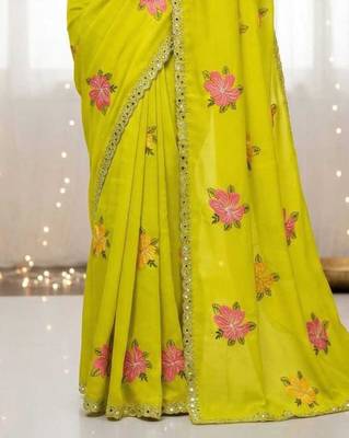 Lime green star georgette floral motifs embroidered work saree with mirrorwork border 3