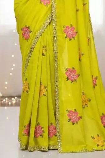 Lime green star georgette floral motifs embroidered work saree with mirrorwork border
