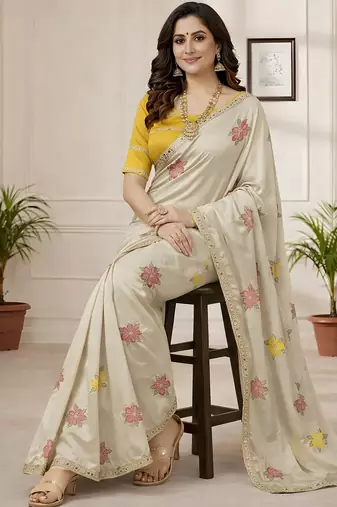 Off white star georgette floral motifs embroidered work saree with mirror work border
