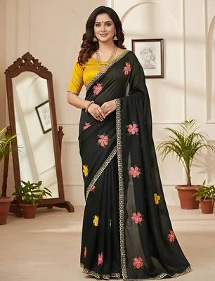 Black star georgette floral motifs embroidered work saree with mirror work border 1