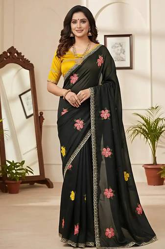 Black star georgette floral motifs embroidered work saree with mirror work border