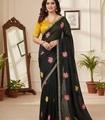 Black star georgette floral motifs embroidered work saree with mirror work border