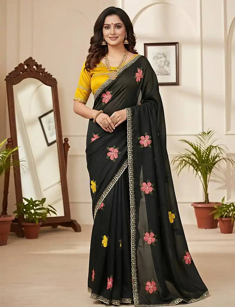 Black star georgette floral motifs embroidered work saree with mirror work border