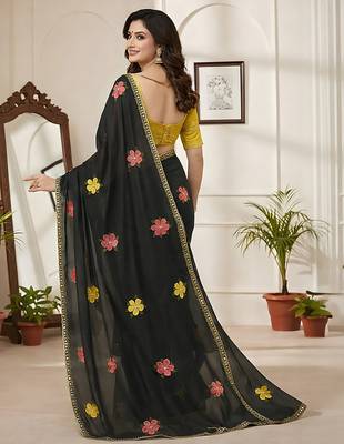 Black star georgette floral motifs embroidered work saree with mirror work border 2