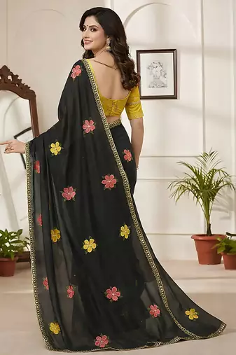 Black star georgette floral motifs embroidered work saree with mirror work border