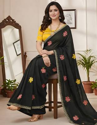 Black star georgette floral motifs embroidered work saree with mirror work border 3