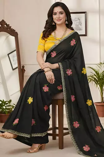Black star georgette floral motifs embroidered work saree with mirror work border