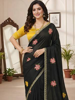 Black star georgette floral motifs embroidered work saree with mirror work border 4